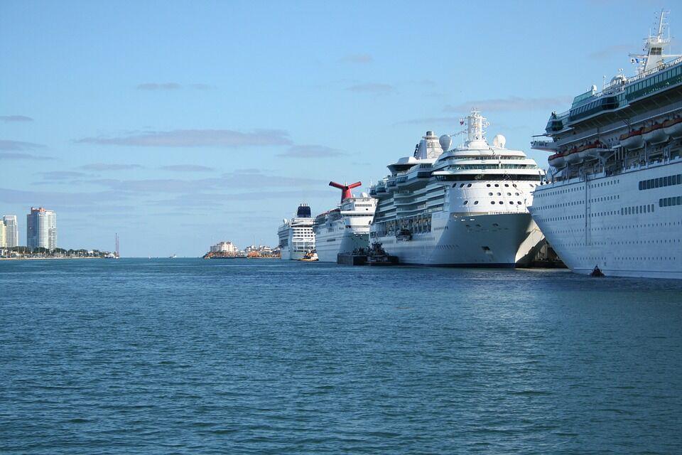 Cruise ships docked by Ocean Drive, Miami Beach, Florida