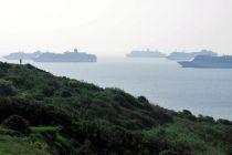 Cunard's Queen Victoria becomes the sixth cruise ship in Weymouth Bay, England
