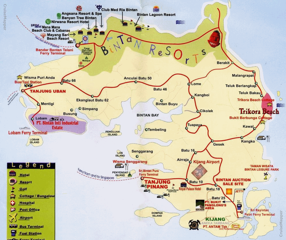 Pulau Bintan Island map with resorts