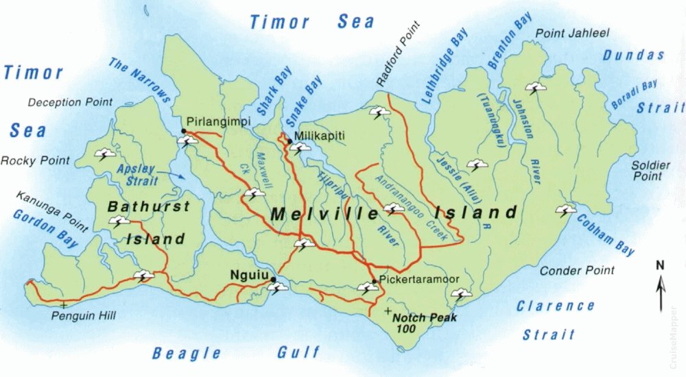 Tiwi Islands map (Melville Island, Bathurst Island) Australia