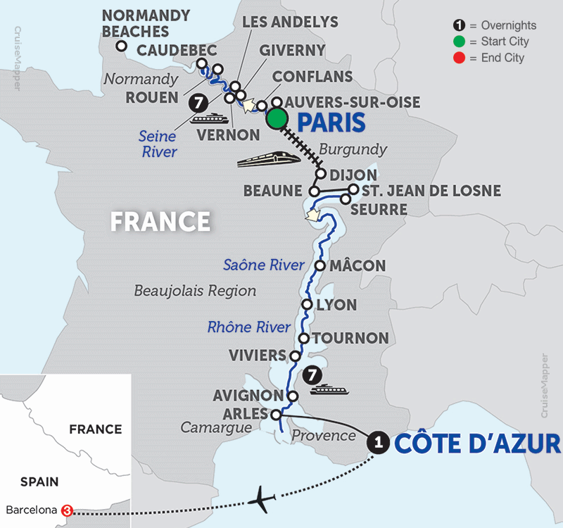 Itinerary map of river cruise on Seine, Saone and Rhone