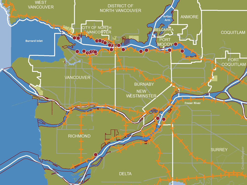 Vancouver port map (cargo and passenger terminals)