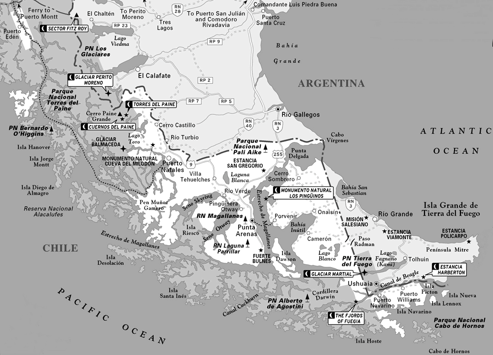 Patagonia and Chilean Fjords map (Tierra del Fuego)