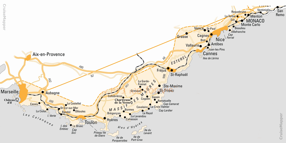 French Riviera map of cruise ports