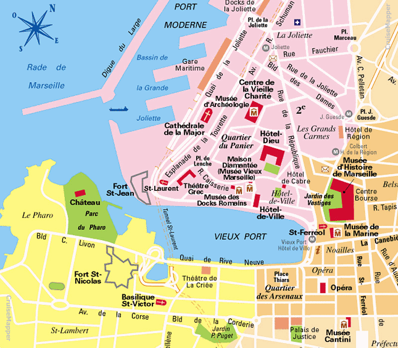 Marseille cruise port map (Fos Port, Vieux-Port)