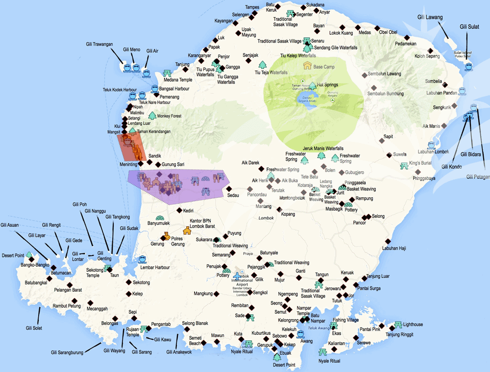 Lombok Island map (tourist destinations and ports)