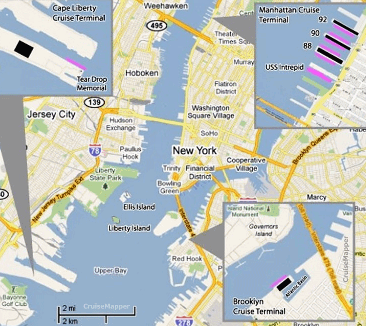 Cape Liberty NYC cruise port map (New York and New Jersey)