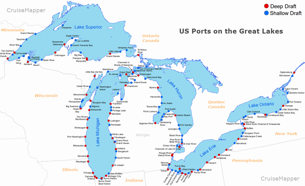 map of Great Lakes USA ports and harbors