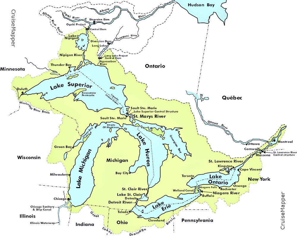 Great Lakes map of waterways (lakes, rivers, canals, bays)