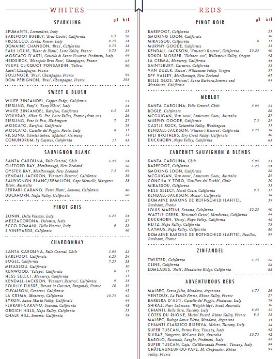 Carnival Cruise Lines American TABLE Wine List with prices per glass and per bottle