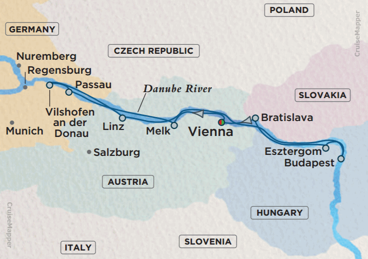 Crystal Mozart cruise ship (Danube itinerary map 2)