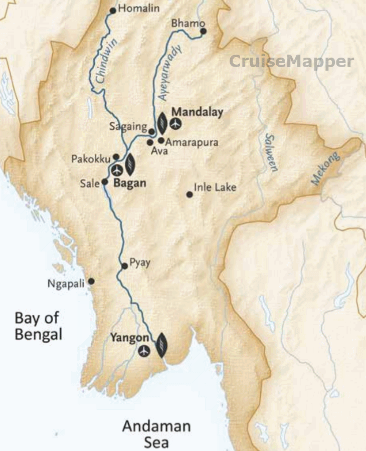 Sanctuary Ananda cruise itinerary map (Myanmar, Irrawaddy River)