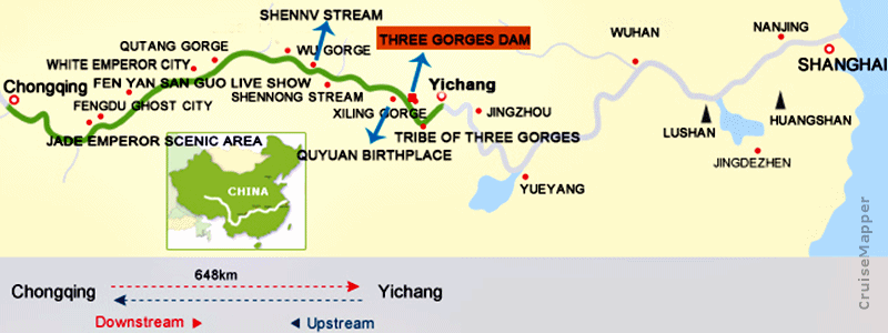 Victoria Sabrina cruise itinerary map (Yangtze River, China)