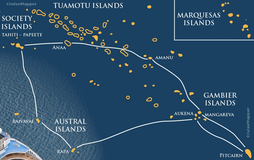 Aranui Cruises Pitcaim itinerary map (AraMana ship)