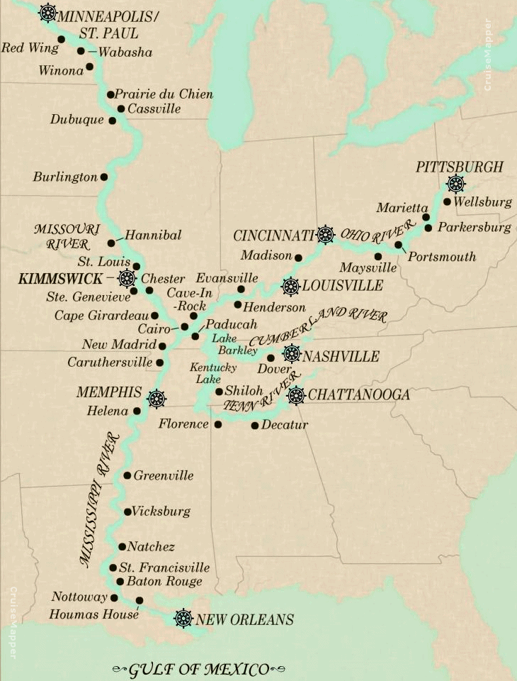 Delta Queen steamboat cruise itinerary map